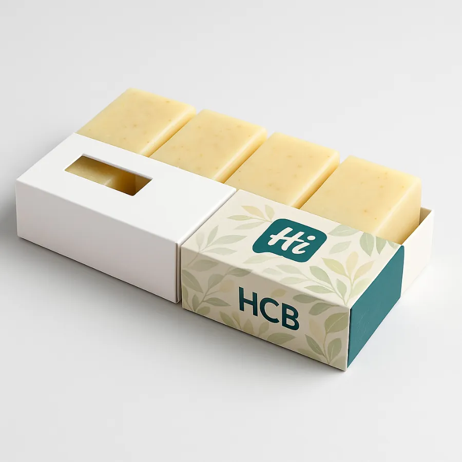 Four soap bars in a long holster box- one white with window- one printed with leaves- class=